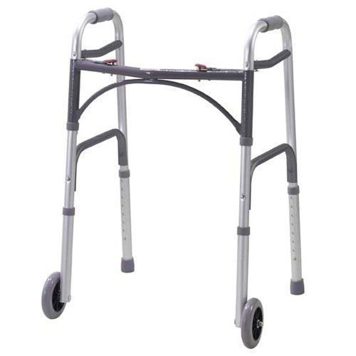 Drive Medical Two Button Folding Universal Walker 5 Inch Wheels Silver #102104 - fhmedicalservices